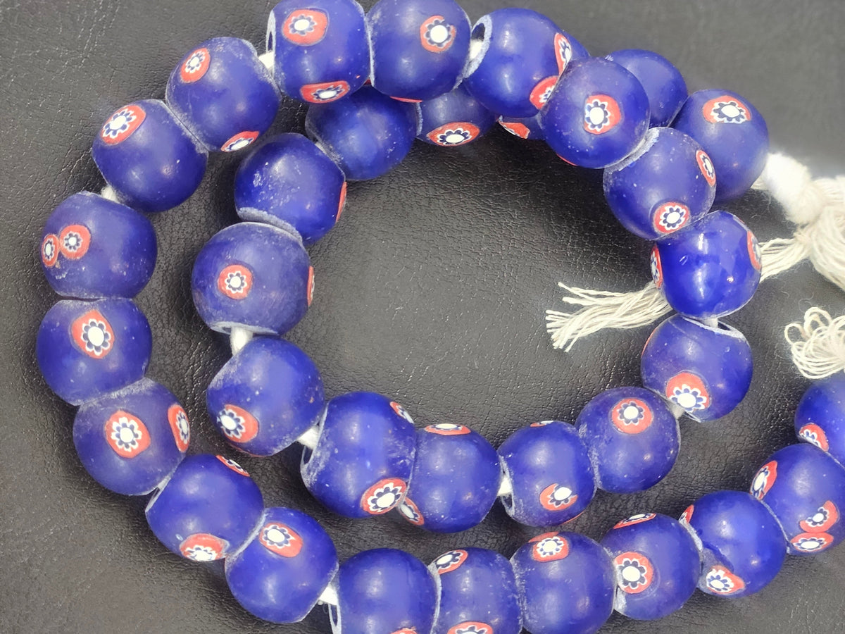 Royal Blue Floral Eye African Trade Beads Sourced in Ghana | Large-Hole Recycled Glass Trade Beads | 15–16mm Designer & Collector Strand