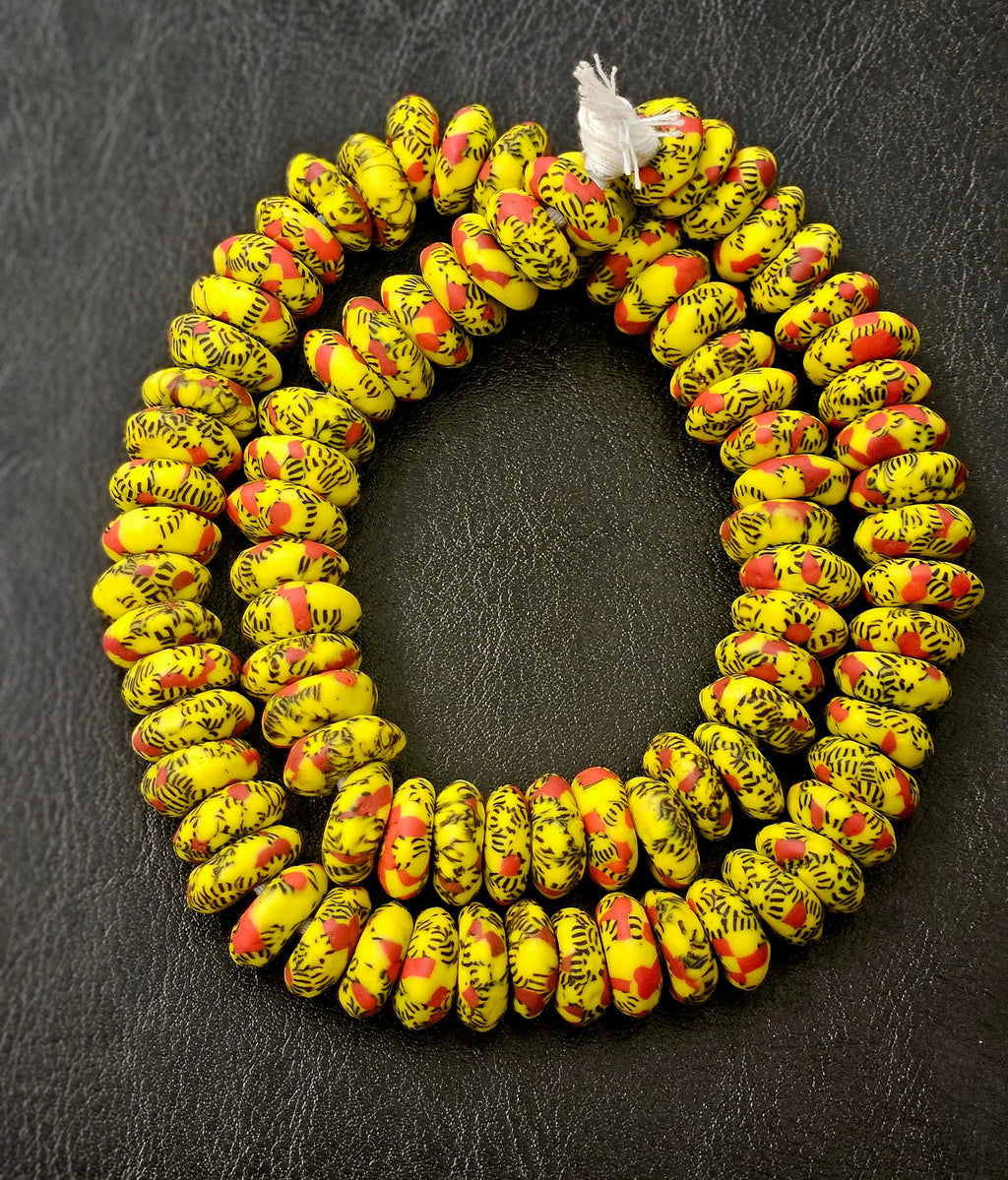 Vibrant Yellow & Red Fused Krobo Rondelle Recycled Glass Beads | 14–16 mm Large Hole African Trade Beads | Handmade in Ghana