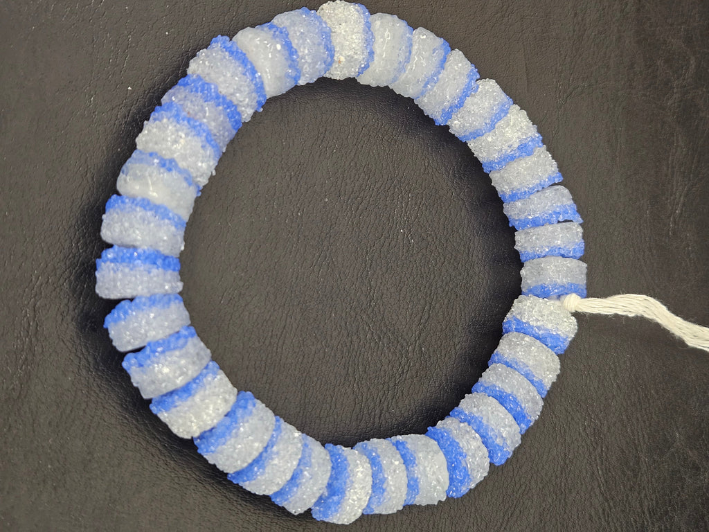 Blue & White Krobo Sugar Glass Short Tube Beads | Handcrafted Recycled Glass Beads from Ghana | Approx. 32 Beads Per Strand