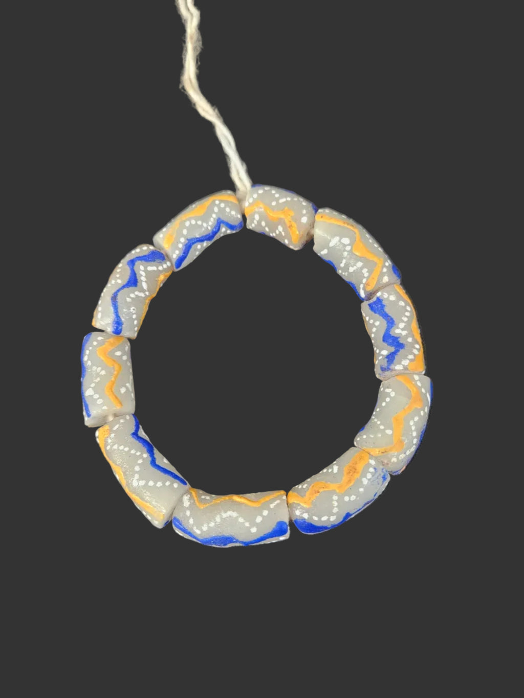 African Glass Beads – Painted Krobo Long Tubes, Gray Blue & Gold