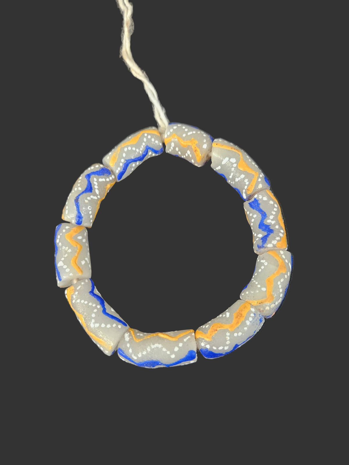 African Glass Beads – Painted Krobo Long Tubes, Gray Blue & Gold