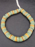 Green Striped Krobo Kente Glass Beads | Handcrafted Powdered Glass Beads from Ghana | Approx. 17 Beads