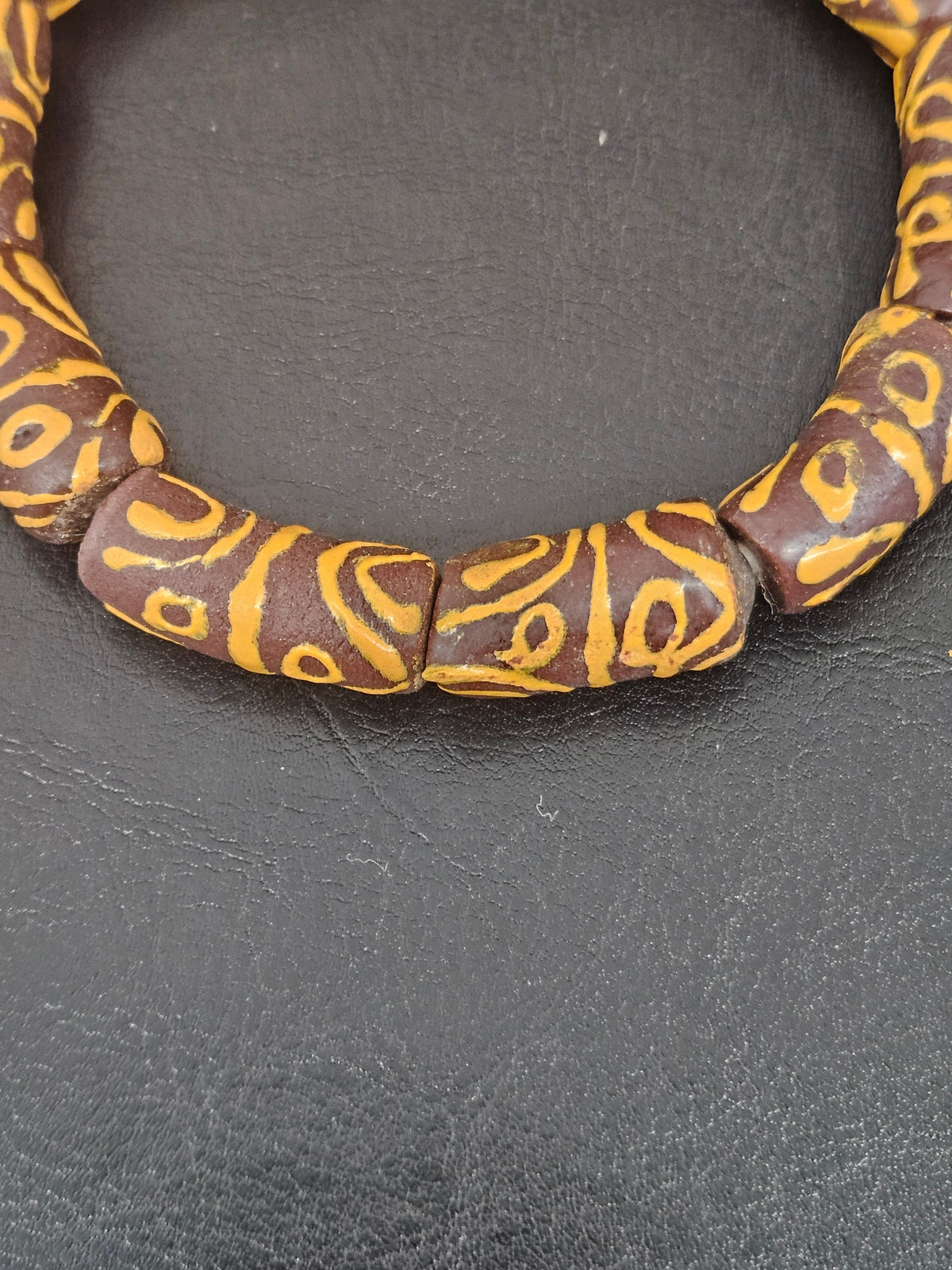 Krobo Painted Glass Tube Beads, Espresso Brown & Golden Ochre, Handmade Recycled Glass Beads from Ghana