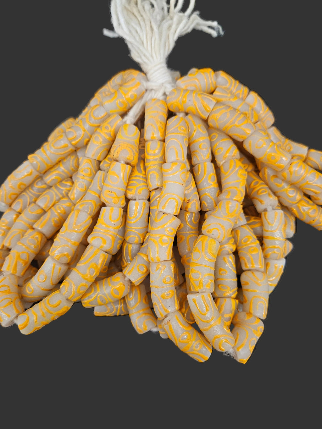 African Glass Beads – Painted Krobo Long Tubes, Frosty White & Gold Beads