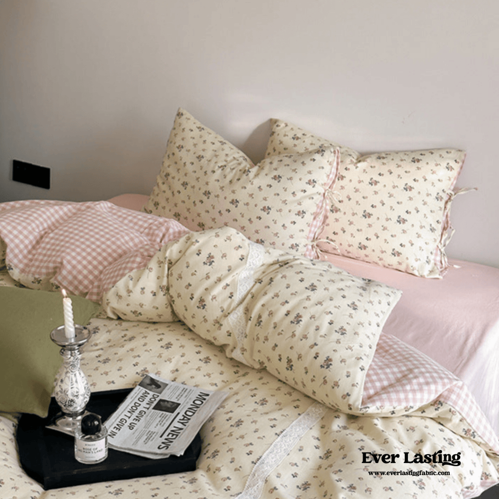 Rosalie Floral Lace Gingham Bedding Set / Pink