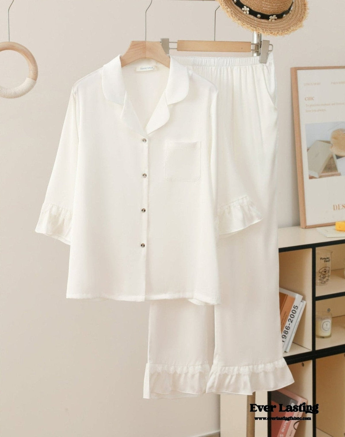 Silky Lace Ruffle Long Sleeves and Pants Pajama Set / White
