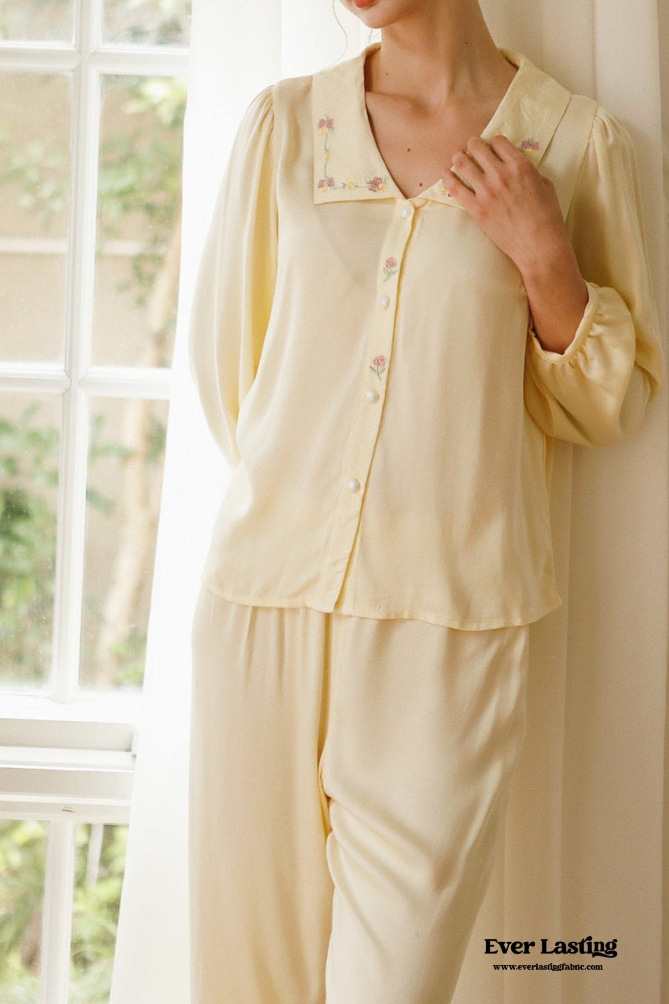 Silky Rose Cream Yellow Embroidered Nightgown Dress
