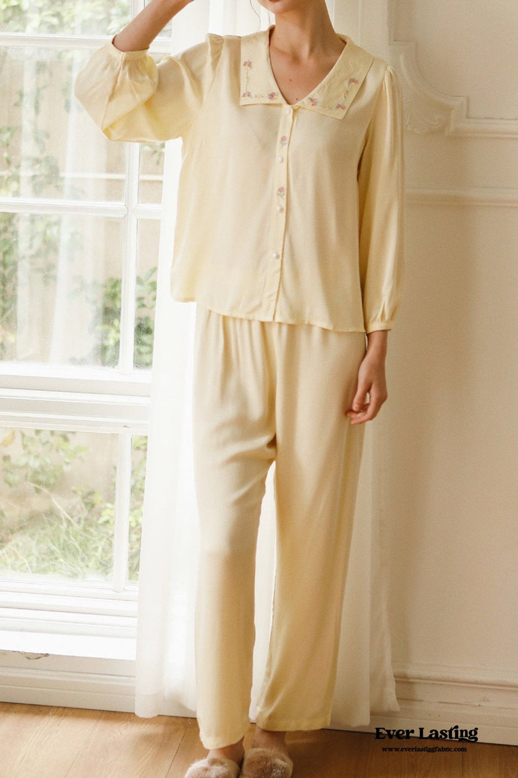 Silky Rose Cream Yellow Embroidered Nightgown Dress