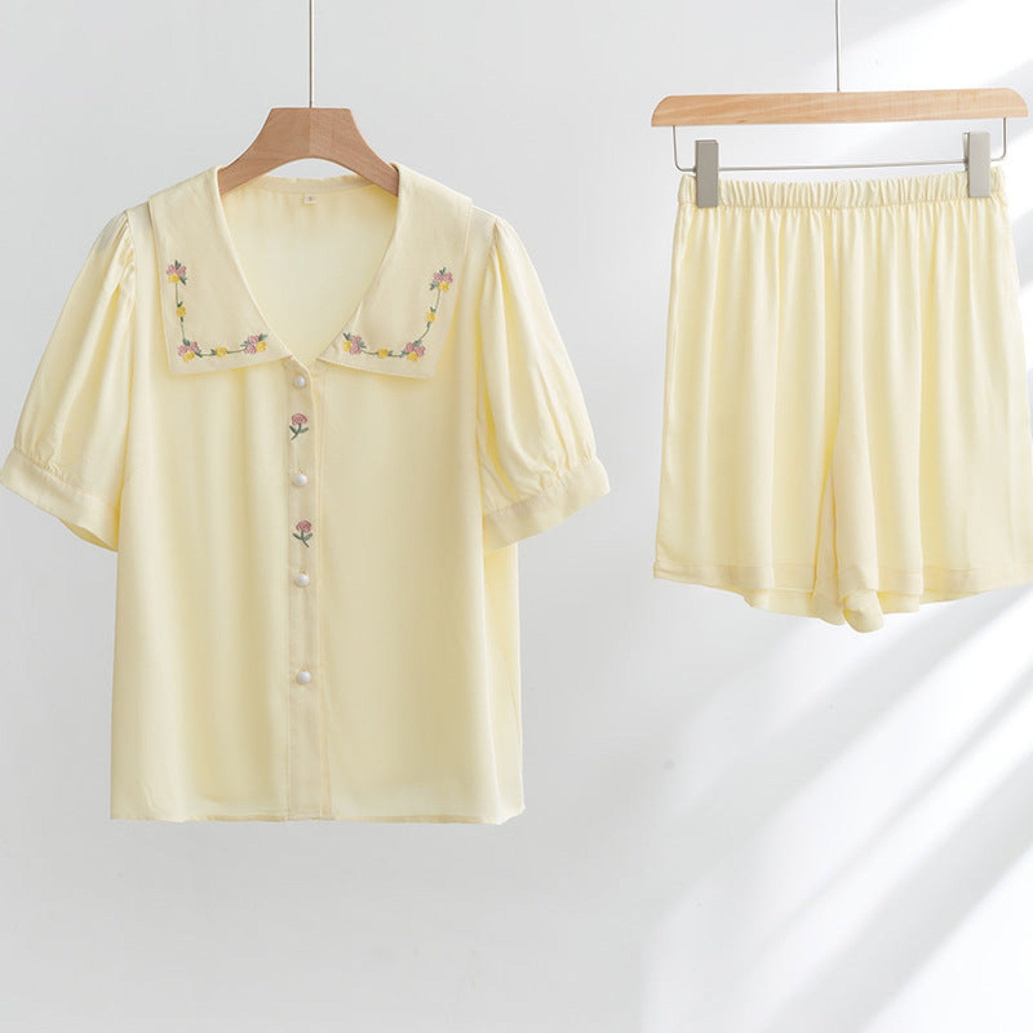 Silky Rose Cream Yellow Embroidered Pajama Set