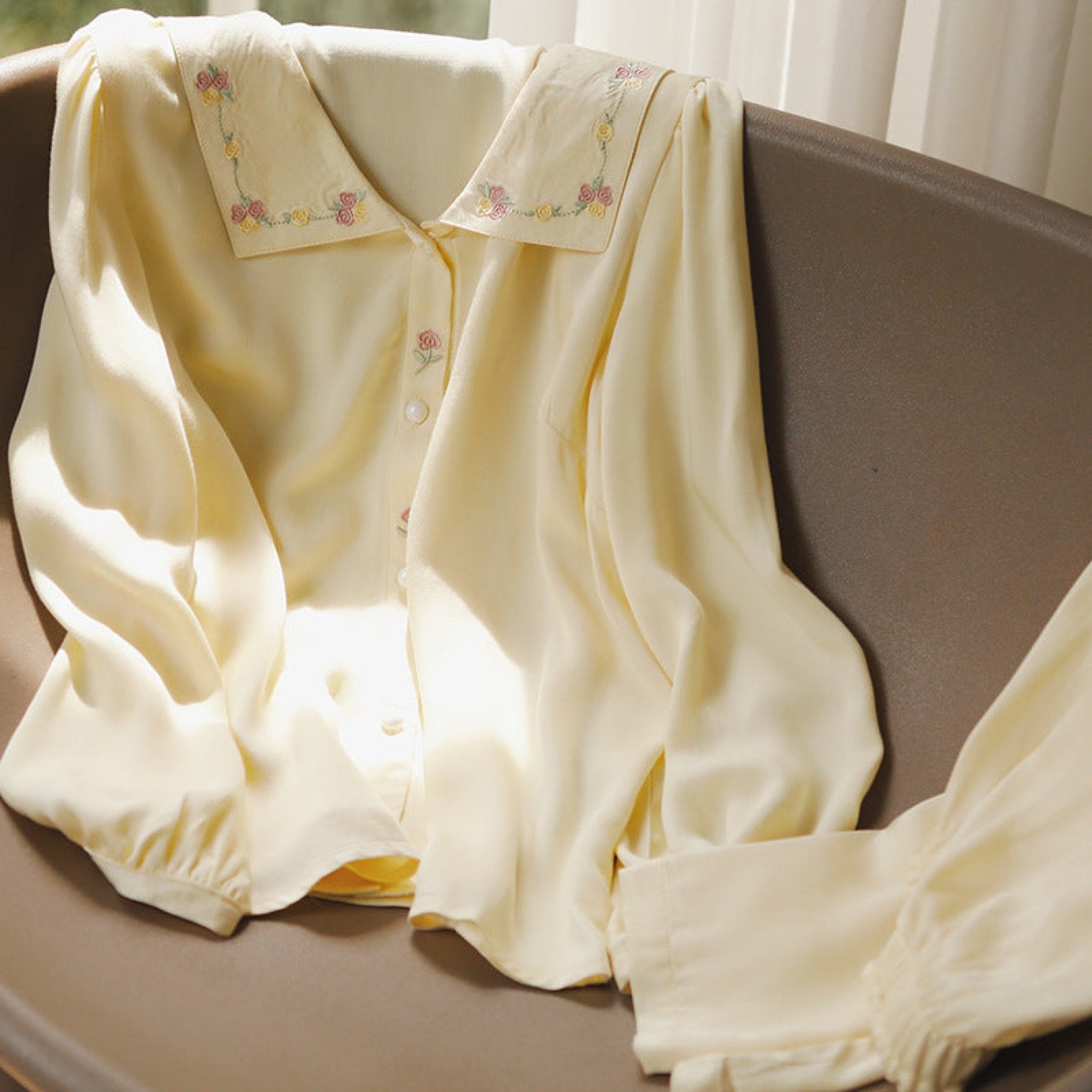 Silky Rose Cream Yellow Embroidered Short Pajama Set
