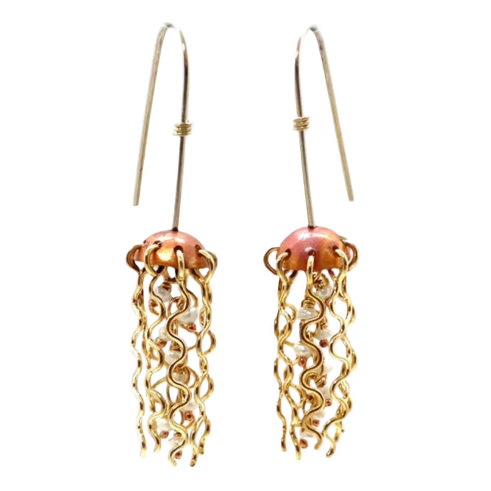 Mini Red Copper Jellyfish Earrings with White Pearls and Sterling Silver Earwires