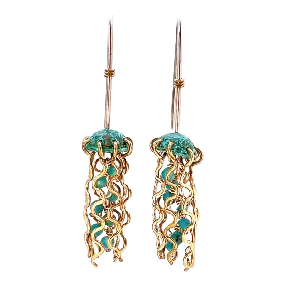Mini Green Jellyfish Earrings with Turquoise Beads and Sterling Silver Earwires