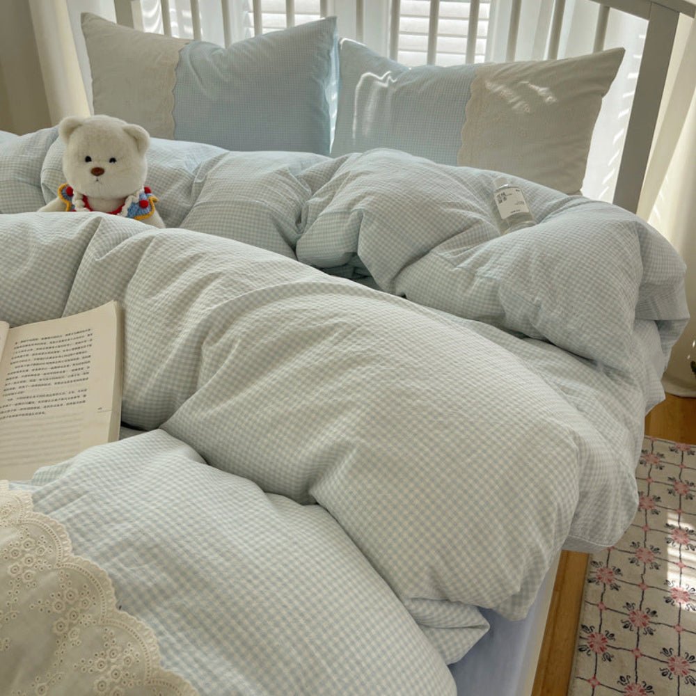 Sophia Gingham Lace Washed Cotton Bedding Set / Ocean Blue