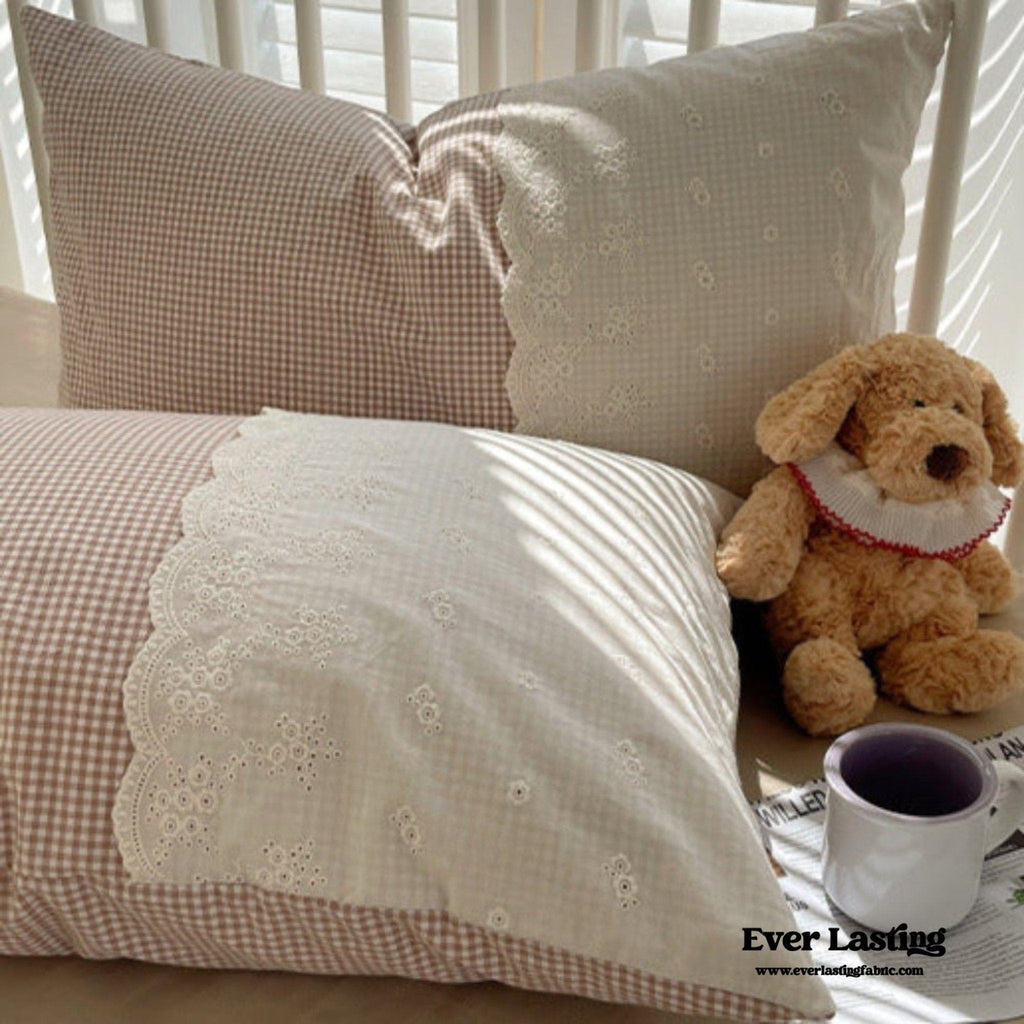 Sophia Gingham Lace Washed Cotton Bedding Set / Blue