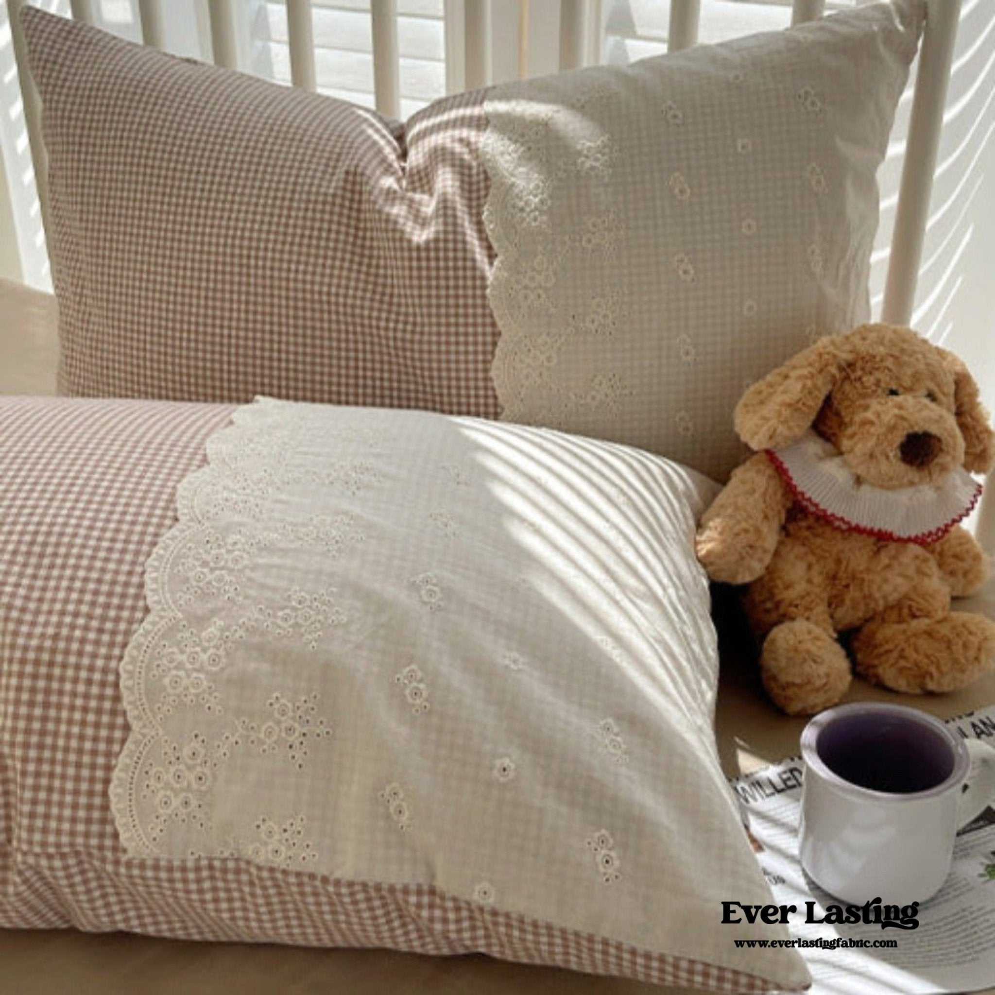 Sophia Gingham Lace Washed Cotton Bedding Set / Blue