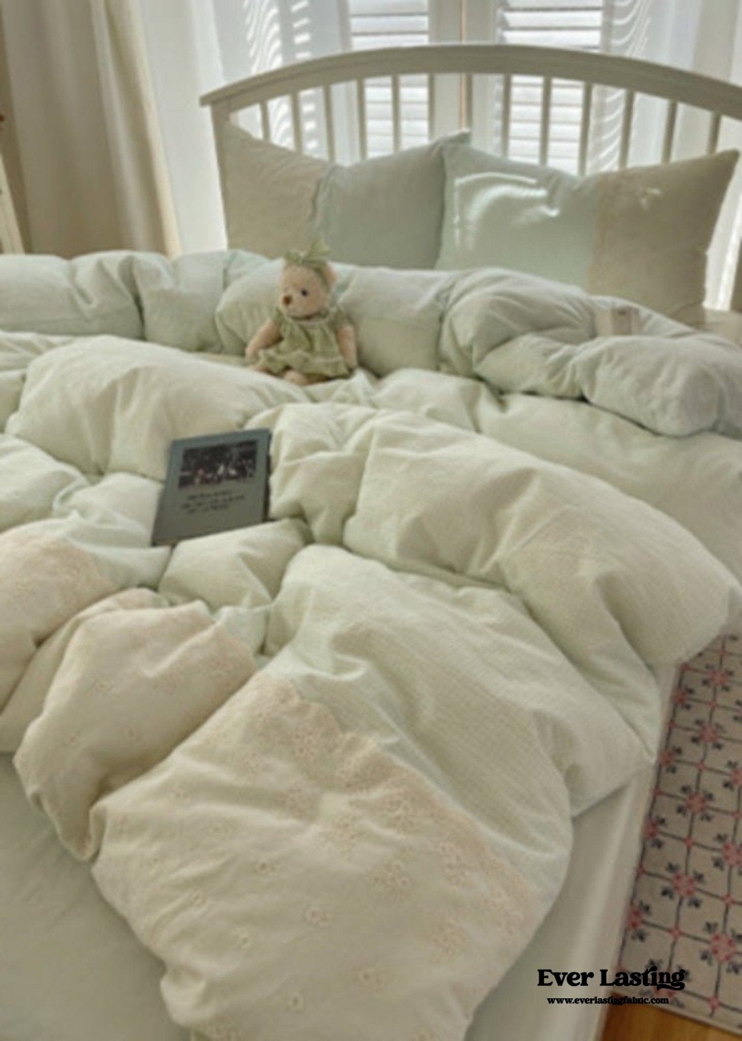 Sophia Gingham Lace Washed Cotton Bedding Set / Blue