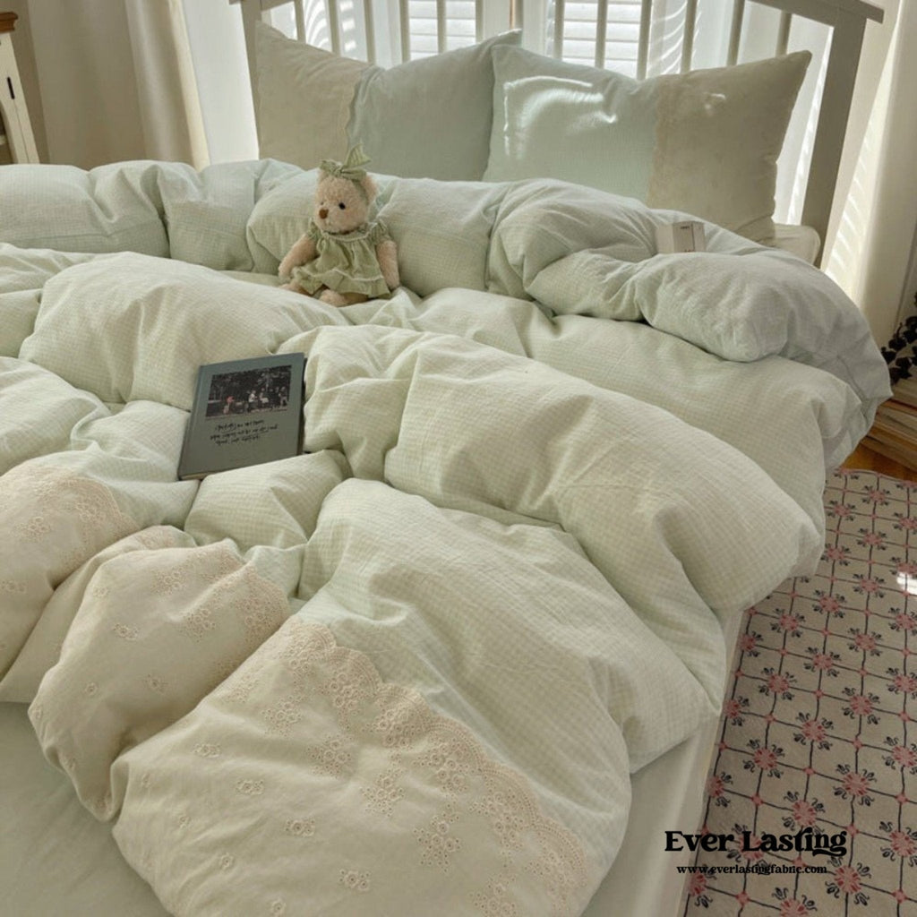 Sophia Gingham Lace Washed Cotton Bedding Set / Blue