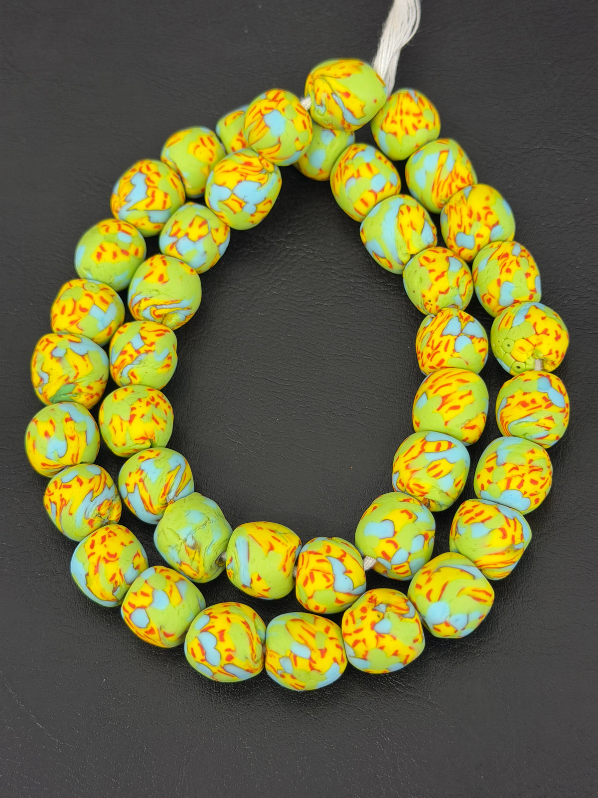 Fused Krobo Recycled Glass Beads 12–14mm | Pistachio Green Blue Yellow Handmade African Glass Beads from Ghana