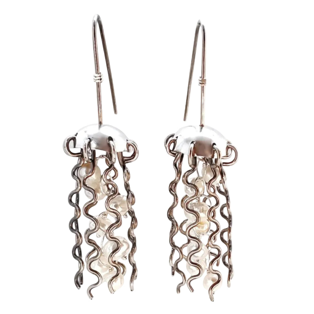 Sterling Silver Jellyfish Earrings with White Pearls
