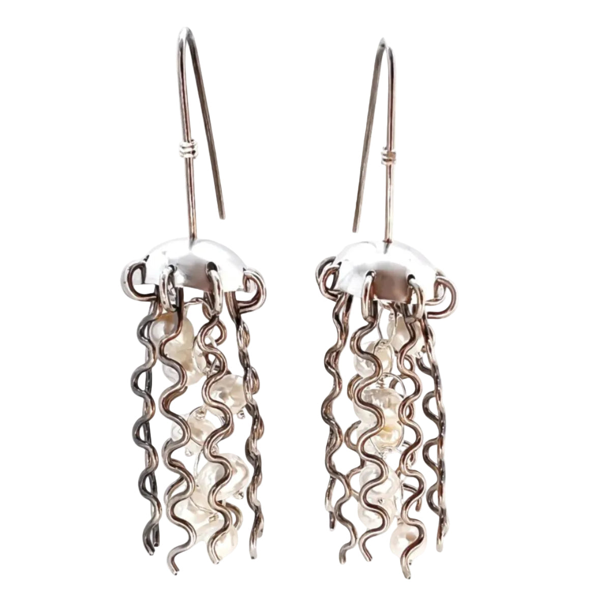 Sterling Silver Jellyfish Earrings with White Pearls