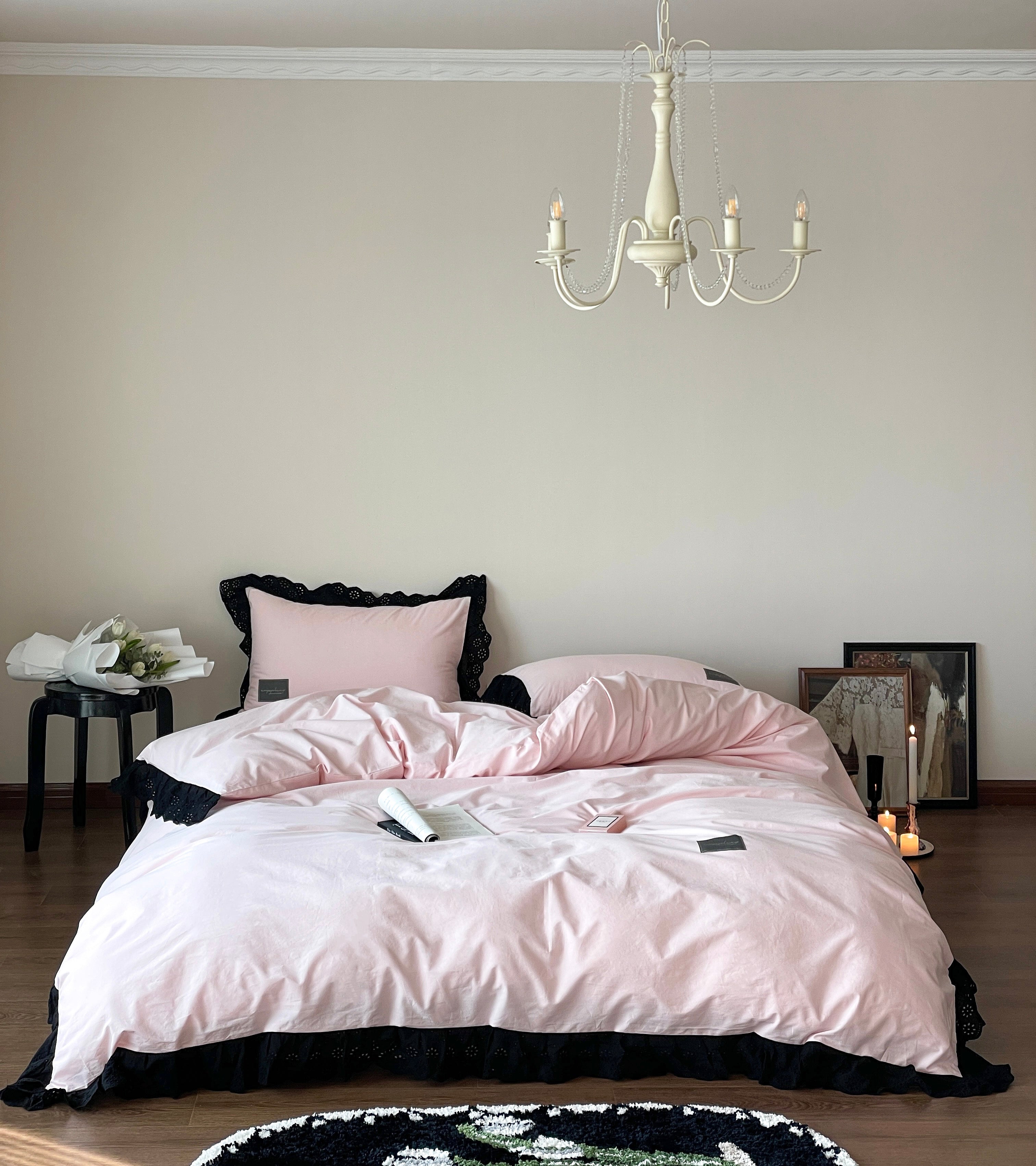 Strawberry Black Lace Ruffle Bedding Set