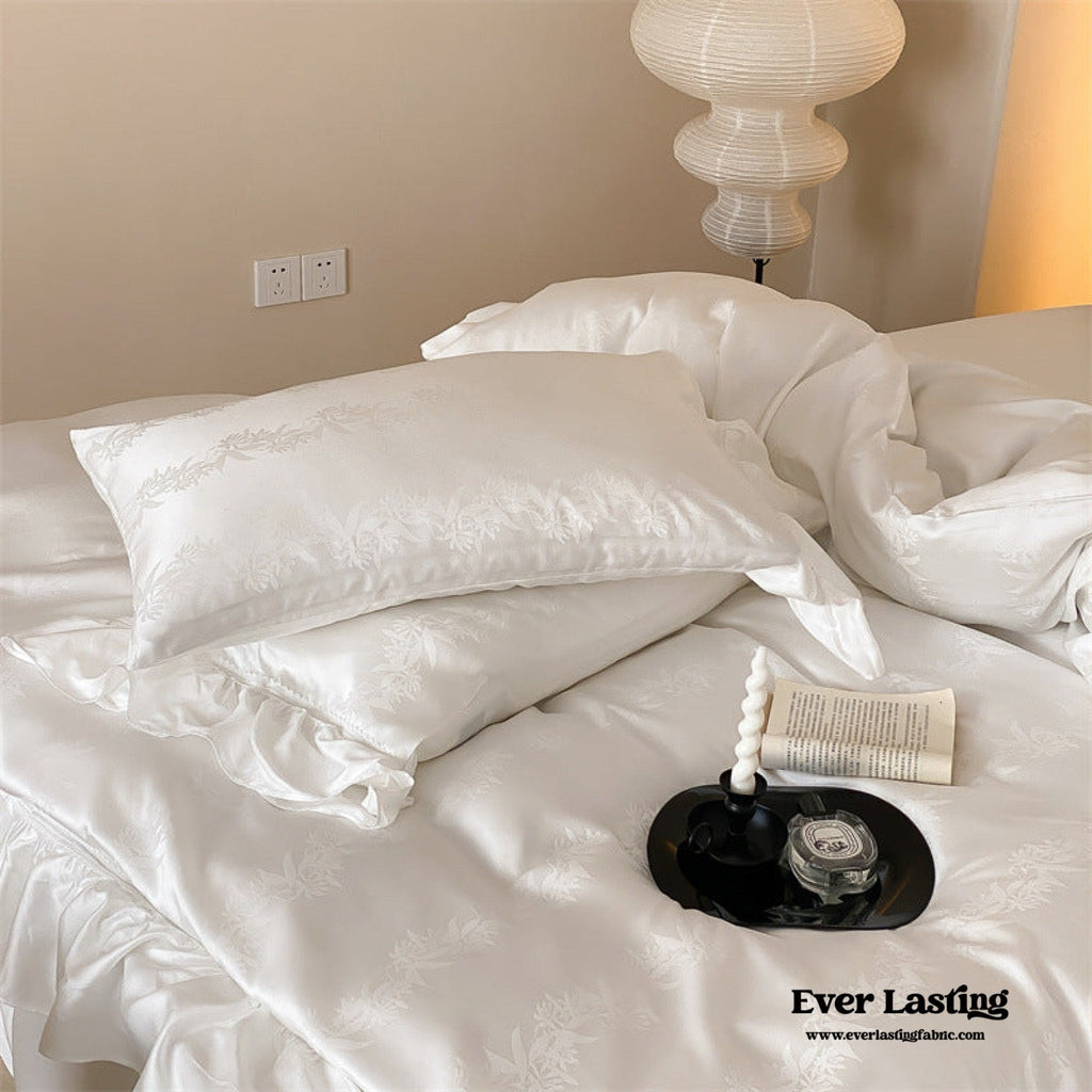 Tencel Silky Floral Ruffle Bedding Set / Snow White