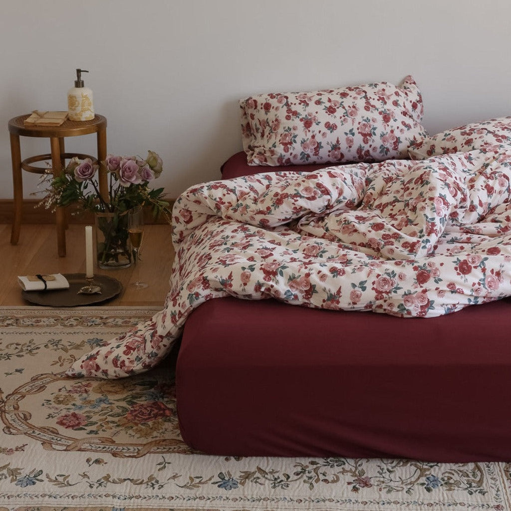 Vintage Floral Jersey Knit Bedding Set / Maroon Red