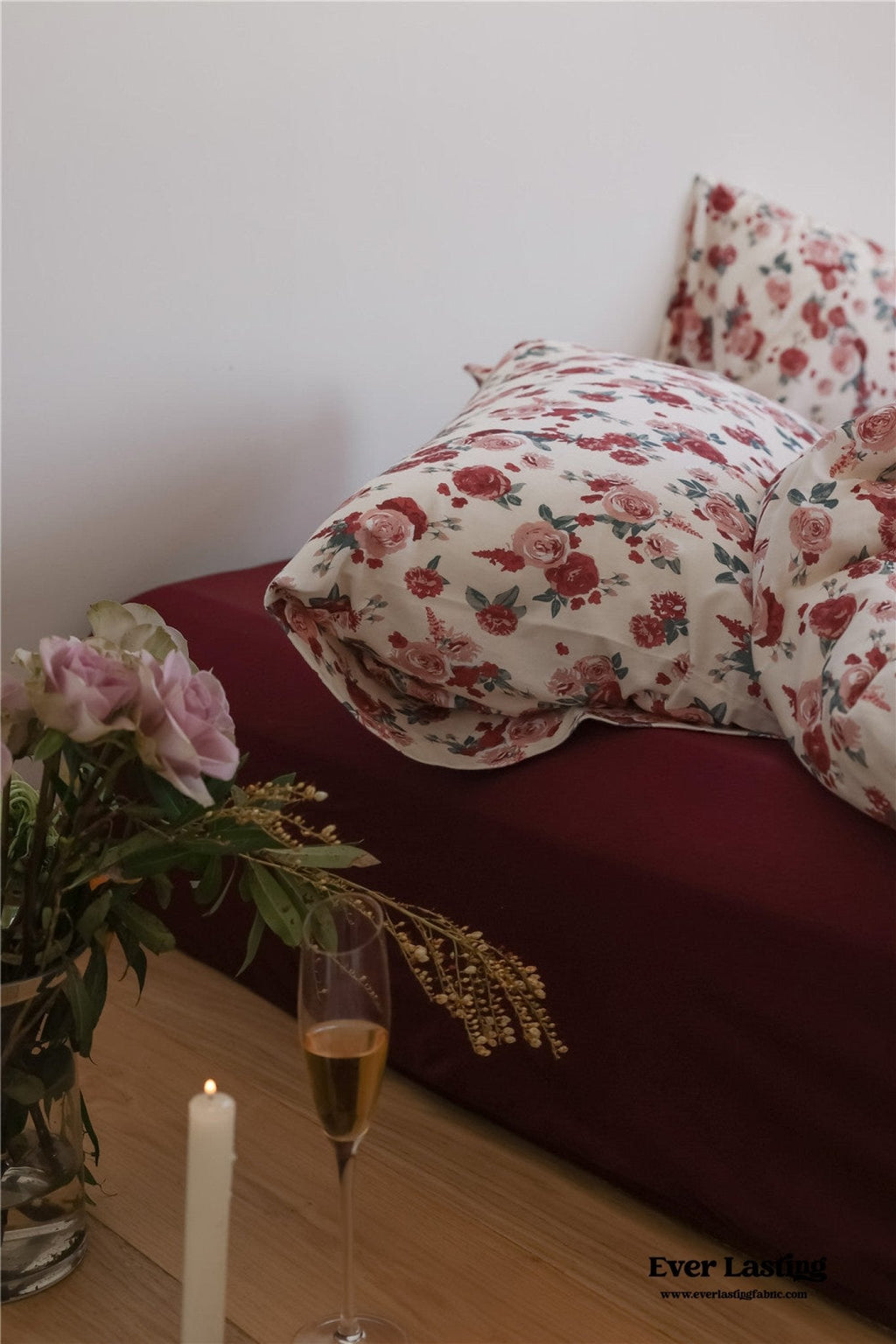 Vintage Floral Jersey Knit Bedding Set / Maroon Red