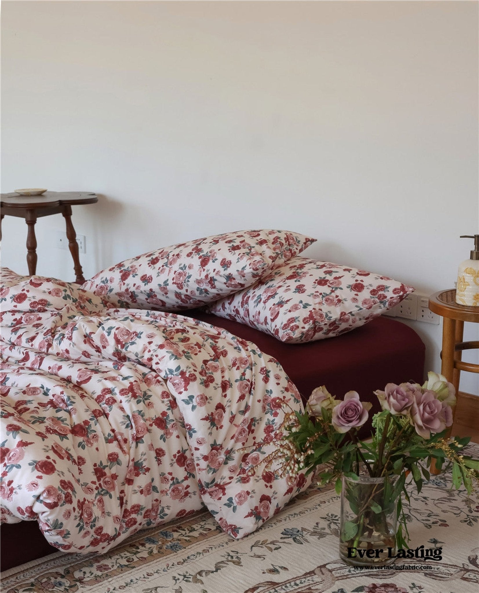 Vintage Floral Jersey Knit Bedding Set / Maroon Red