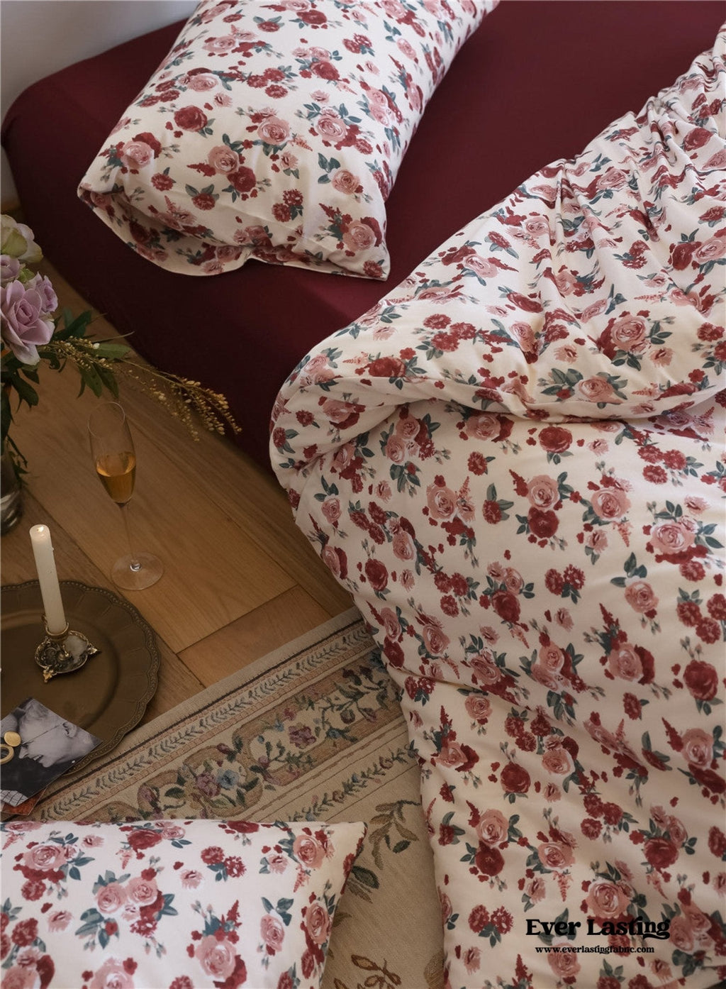 Vintage Floral Jersey Knit Bedding Set / Maroon Red