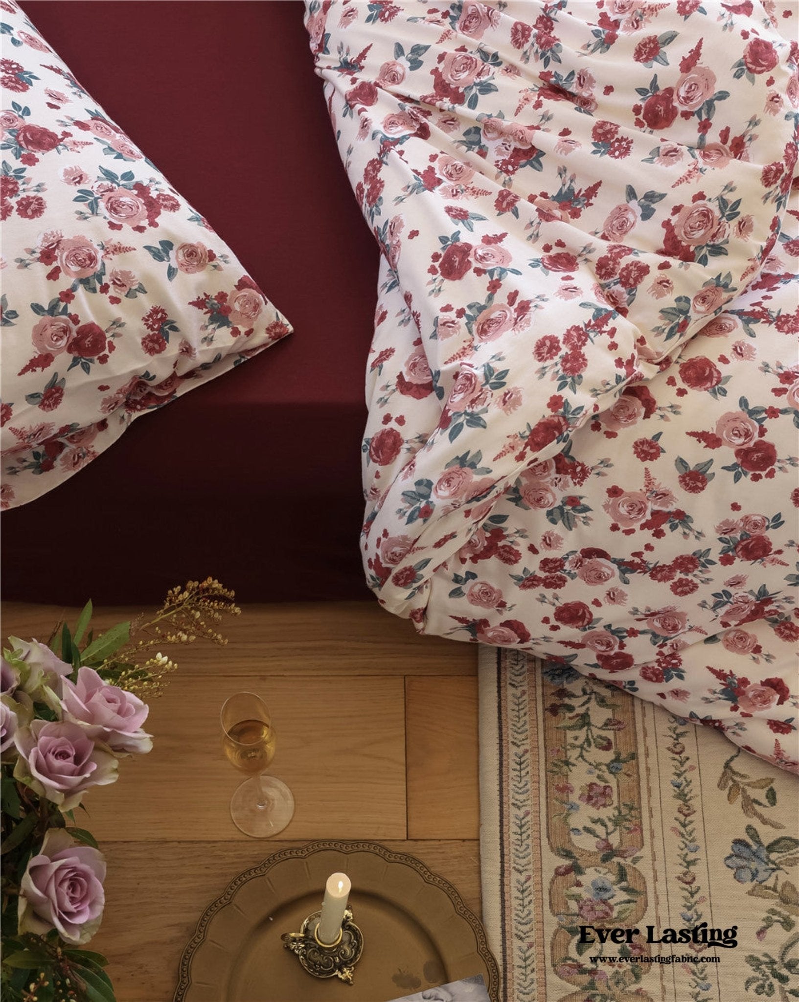 Vintage Floral Jersey Knit Bedding Set / Maroon Red