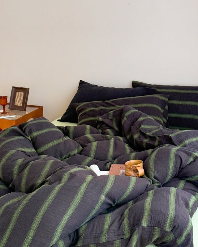 Vintage Striped Washed Cotton Bedding Set / Black & Green
