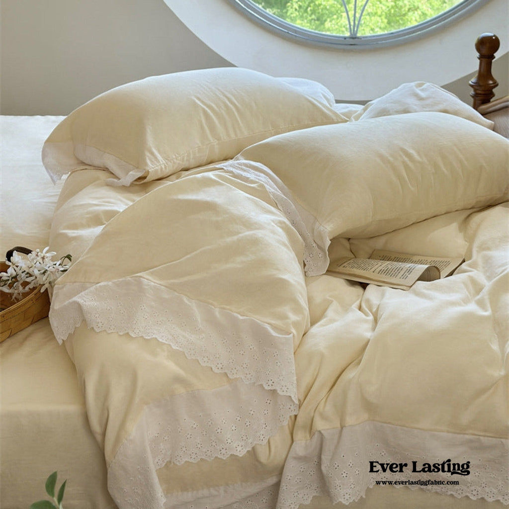 White Ruffle Lace Bedding Set / Yellow